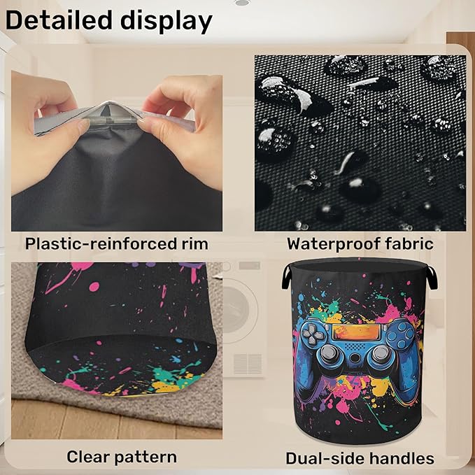 Laundry Basket, Dirty Clothes Basket, Gamers Controller Foldable Canvas Laundry Hamper with Handles - Toy Organizer, Heavy Duty for Home, Bedroom, Dorm, Bathroom
