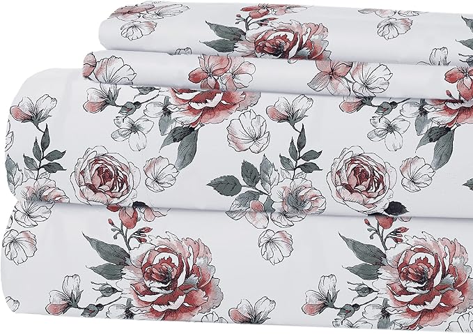 Modern Threads Printed 3-Piece Extra Soft Bedding Sheets & Pillowcase Set, Deep Pocket up to 16 inch Mattress Rose Bloom Twin