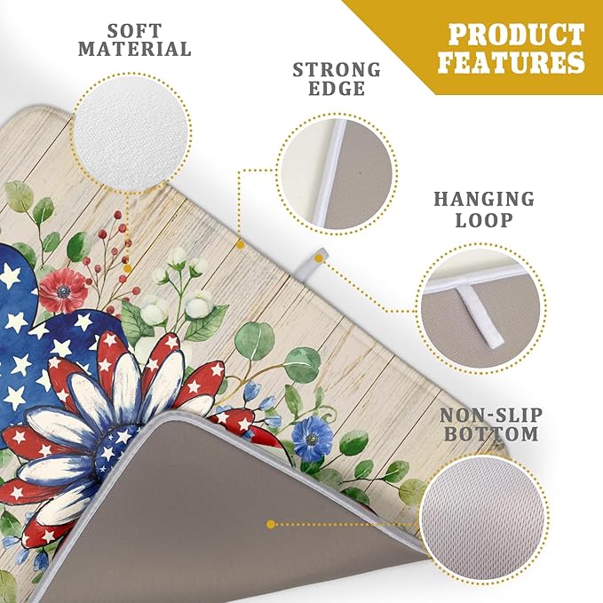Independence Day Dish Drying Mat 18x24 inch Patriotic Love Heart Fast Dry Microfiber Dishes Drainer Rack Pad Kitchen Counter Accessories