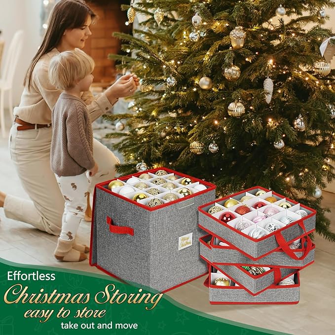 Christmas Ornament Storage Box with Adjustable Dividers, 4 Removable Trays, Christmas Ornament Organizer Ornament Holder Holds Up to 64 Xmas Balls, Durable Christmas Ball Storage Container