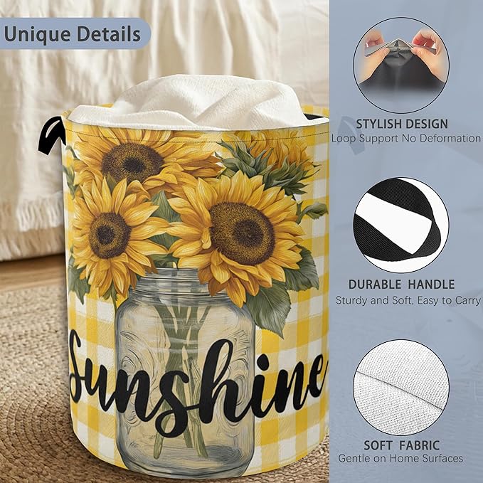 Retro Sunflowers Laundry Hamper,Sunshine Dirty Clothes Laundry Basket with Handles Waterproof Oxford Cloth Storage Basket for College Dorms Bathroom Bedroom 16" x 20.8"