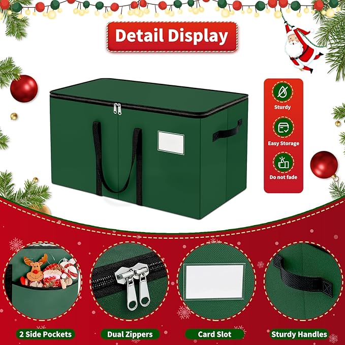 Christmas Ornament Storage Box - Large & Sturdy Christmas Storage Container with Adjustable Dividers, 8 Individual Trays and Handles, Holds up to 128 Holiday Decorations (Green)