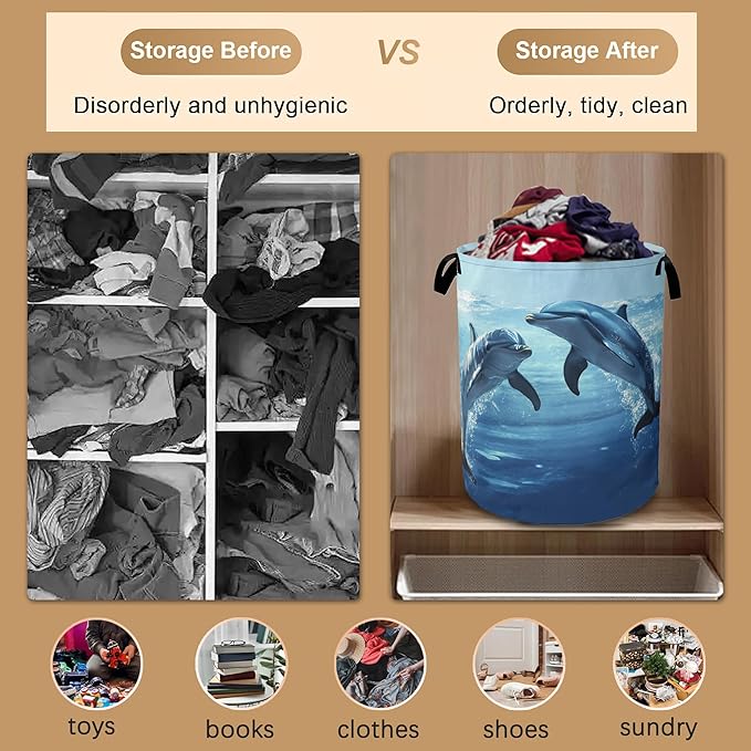 Ocean Dolphin Laundry Basket,Collapsible Laundry Baskets with Handles,Waterproof Oxford Cloth Storage Basket 16"x20" for Bathroom/Bedroom/Dormitories