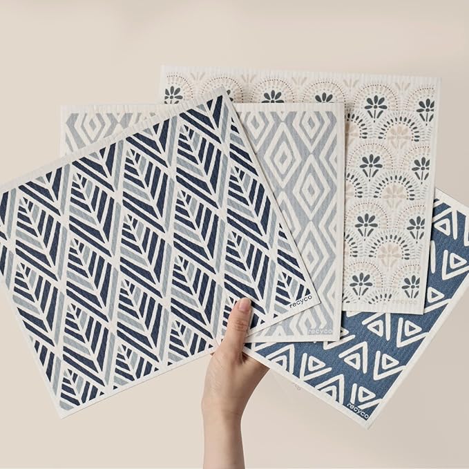 RECYCO Swedish Dishcloths for Kitchen | 4 Pack Oversized Washable Dish Rags | Large Cellulose Reusable Cleaning Paper Towels | Absorbent Counter Dish Cloth Sponge XL Kitchen Wipes, 12" L x 10" W