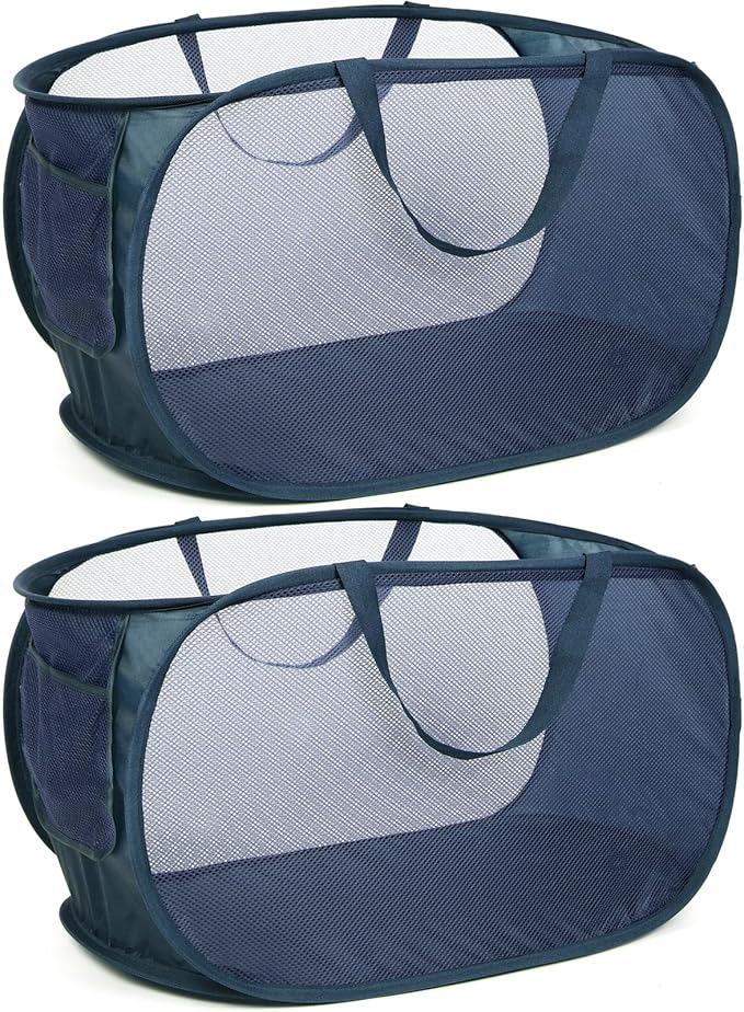 Durable Collapsible Laundry Baskets, Mesh Pop Up Laundry Hamper with Side Pocket, Foldable Clothes Hamper with Reinforced Carry Handles for Laundry, Bathroom, Kids Room, Dorm, Travel 2 Pack Navy Blue