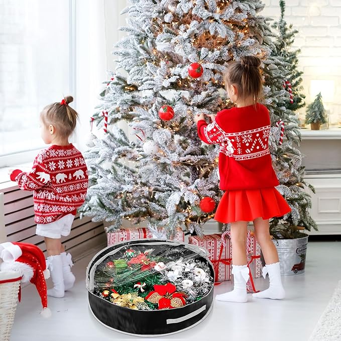 4 Pcs Christmas Wreath Storage Bag, Christmas Garland Storage Container with Clear Window, Zipper & Handle for Xmas Holiday Seasonal Wreath Garland Box(Black,24")
