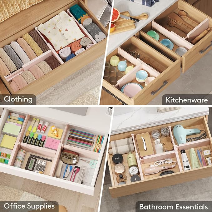 Lifewit 24 Pack Drawer Dividers 4" High, 11-17" Adjustable Dresser Drawer Organizers for Clothes, Expandable Dresser Separators in Bedroom/Bathroom/Kitchen/Vanity/Office Organization and Storage,Pink