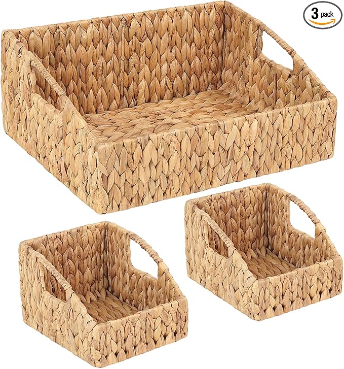 Set of 3 Handwoven Water Hyacinth Storage Baskets – Decorative Natural Wicker Organizer Bins with Built-in Handles for Bathroom, Kitchen, Pantry, Nursery, Closet, Laundry, Living Room, and Home Use