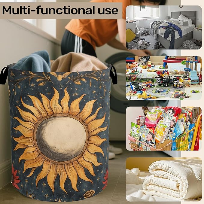 Gothic Sun Large Clothes Hamper Bag - Laundry Basket with Handles, Space Saving Foldable Design for Nursery