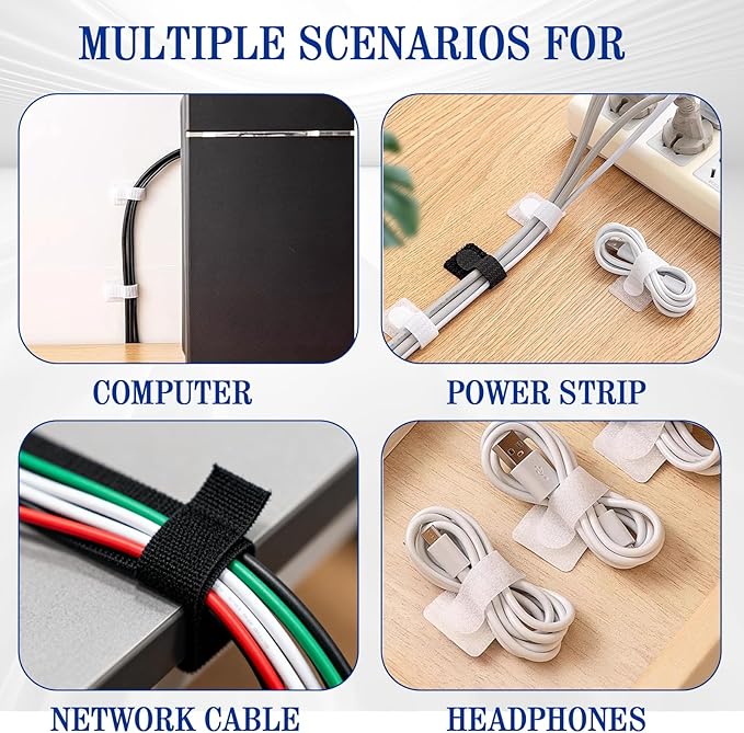 Rierdge 80 PCS White Hook and Loop Cable Straps, Self Adhesive Cable Ties - Reusable Adjustable Wire Organizers for Desk, Home Office, Workshop