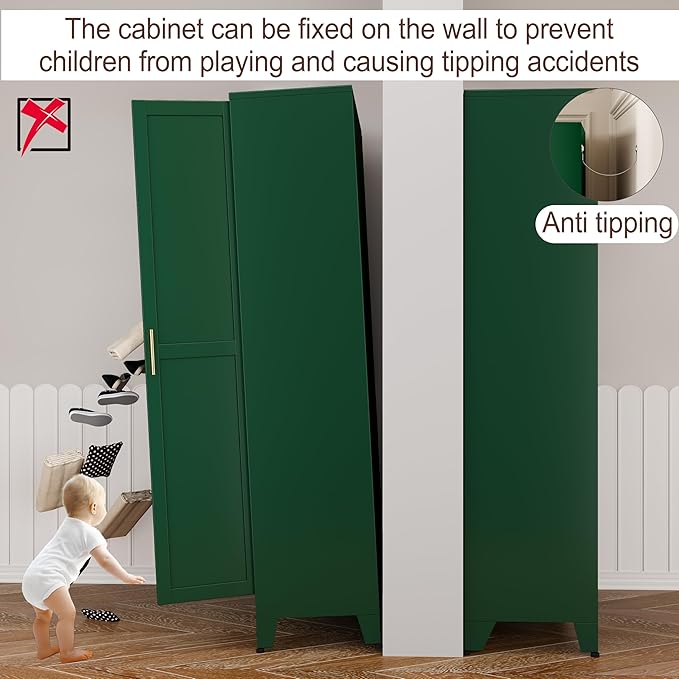 71" Metal Armoire Wardrobe Closet, Steel Clothing Storage Cabinet with Mirror and Adjustable Shelves, Household Steel Wardrobes Storage Cabinet with Adjustable Standing Feet and Hanging Rod（Green）