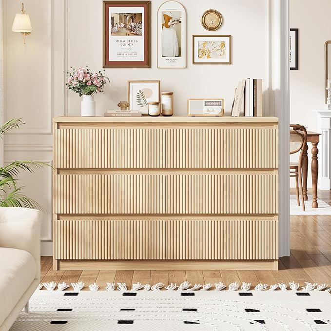 Oak 6 Drawer Dresser for Bedroom, Modern Fluted Dresser, Bedroom Dressers with Drawers, Large Double Wooden Chest of Drawers for Living Room, Hallway