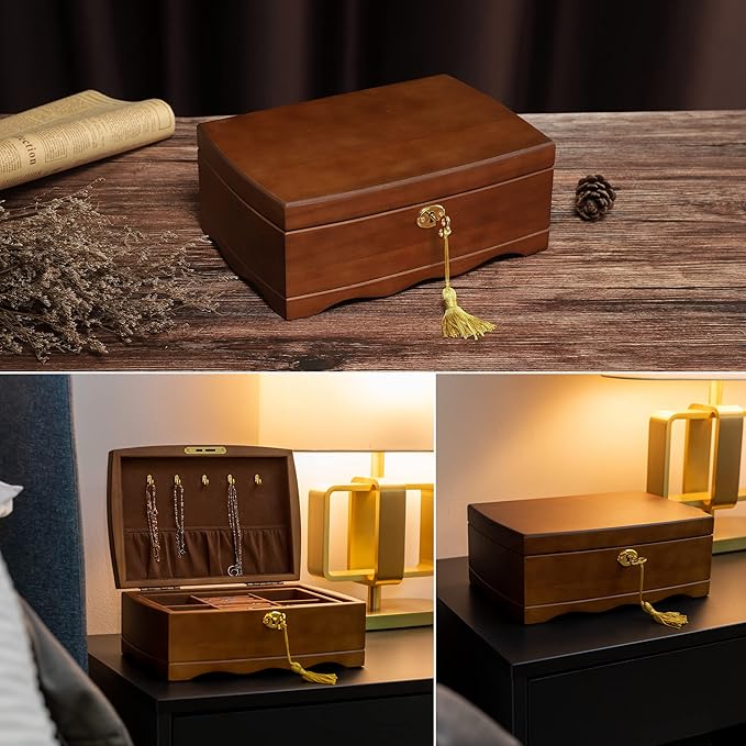 Wooden Jewelry Box with Lock & Key for Women, Medium Size Real Natural Wood Lockable Antique Organizer with Large Storage, Big Ring Compartments, Built in Necklace Hooks, Brown