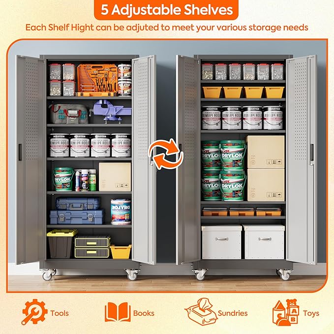 Garage Storage Cabinet with Wheels and Pegboard, 71"H x 32"W x 16"D Lockable Metal Storage Cabinet with 5 Adjustable Shelves and 2 Doors for Garage Home, Assembly Required, Black and Dark Grey