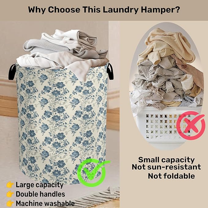 Beige Navy Blue Flowers Laundry Basket - Heavy Duty 60L Dirty Clothes Organizer, Water Resistant Foldable Hamper for Men Women