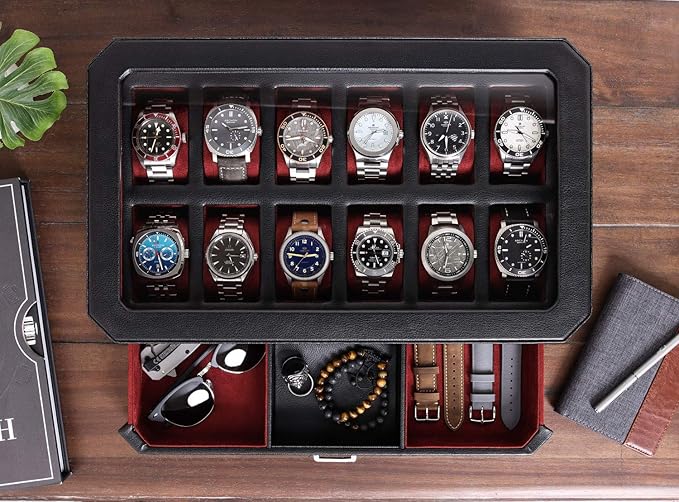 ROTHWELL 12 Slot Leather Watch Box with Valet Drawer - 12 Slot Luxury Watch Case Display Organizer, Microsuede Liner, Mens Accessories Holder, Jewelry Case, Jewelry Display Organizer (Black/Red)