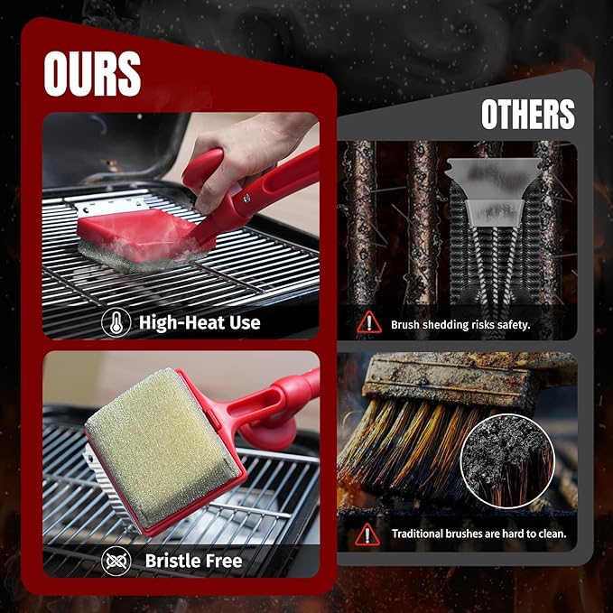 SHINESTAR Steam Grill Brush Bristle Free - Replaceable Cleaning Head with Unique Seamless-Fit Scraper, Durable Safe BBQ Cleaner for Cast Iron, Stainless-Steel & Various Grill Grate Types-Red
