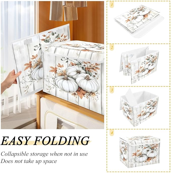 Bolaz Storage Bins with Lids and Handles,White Pumpkin Wood Storage Box Basket with Cover Collapsible Organizer Containers for Home Closet, Shelves