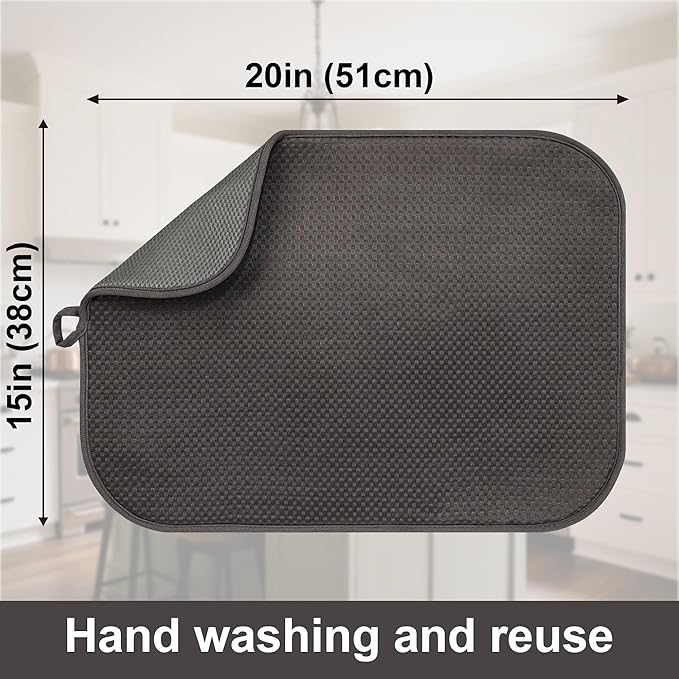 FULL BE DARE Dark Gray Dish Drying Mats 20" x 15", XL Kitchen Drying Mat for Counter, Microfiber Dish Dryer Mat, Microfiber Dish Rack Mat, Foldable Dish Drying Pad for Dishes, Pots, Pans (Dark Gray)
