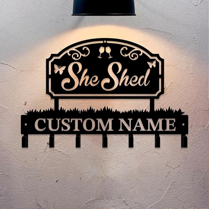Personalized She Shed Metal Keys Hooks,Custom Name Metal She Shed Keys Hooks,Black Metal She Shed Wall Home Storage Decorative Keys Hooks,Key Holder Hooks for Wall (Style K)
