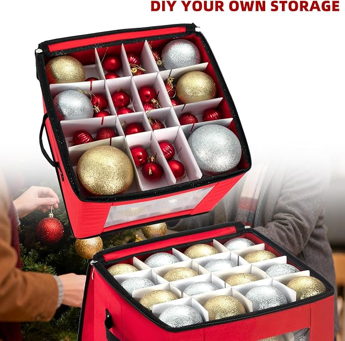 JY COOKMENT Christmas Ornament Storage Box with Adjustable Dividers, Premium Holiday Ornaments Storage Container Bin with Zippered Top for Xmas Decorations (64-3" Balls, Red, Without Tray)