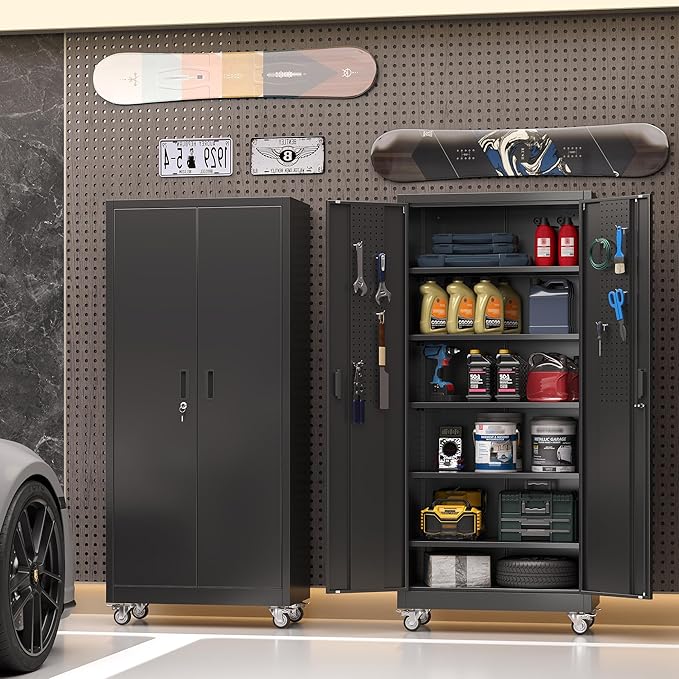 71" H Garage Storage Cabinet with Wheels and Pegboard,Lockable Metal Storage Cabinet with 5 Adjustable Shelves and Door for Garage, Office, Home, Assembly Required，Black