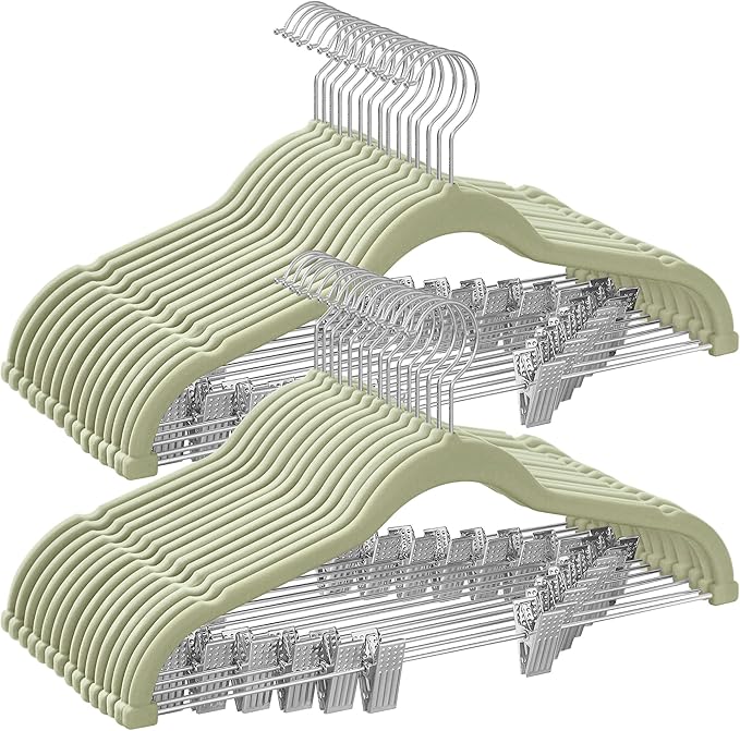 SONGMICS 30-Pack Pants Hangers, 16.7-Inch Long Velvet Hangers with Adjustable Clips, Heavy-Duty, Non-Slip Skirt Hangers, Space-Saving for Pants, Skirts, Coats, Dresses, Pale Green UCRF012GR30