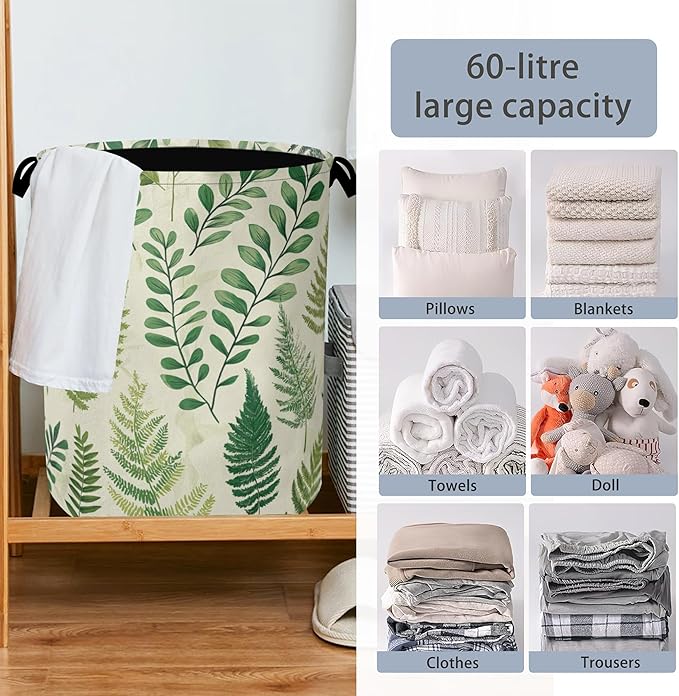 Fern Herbs Laundry Hamper,Botanical Floral Leaf Dirty Clothes Laundry Basket with Handles Waterproof Oxford Cloth Storage Basket for College Dorms Bathroom Bedroom 16" x 20.8"