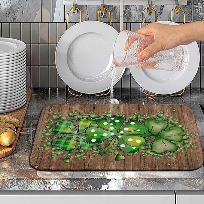 Wnoesat St Patricks Day Wooden Plank Shamrock Drying Mat for Kitchen Counter St Patrick Eucalyptus Leaves Clover Dish Drainer Mats Absorbent Microfiber Dishes Pad Reusable Washable Dry Mat 16x18 Inch