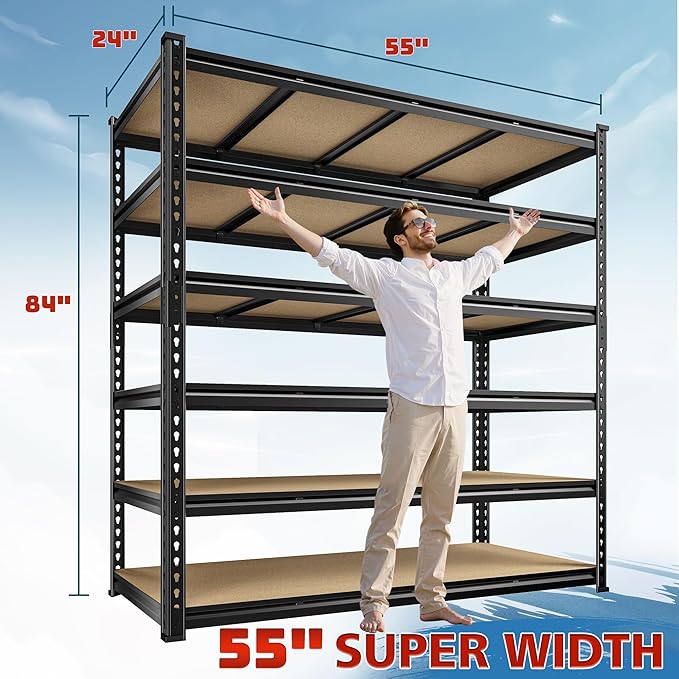 DurayLoly 55" W Storage Shelves, 3060LBS Garage Shelving, 6-Tier Heavy Duty Shelving, Adjustable Metal Shelving Unit for Garage, Warehouse, Pantry, Kitchen, 55" W × 24" D × 84" H, Black