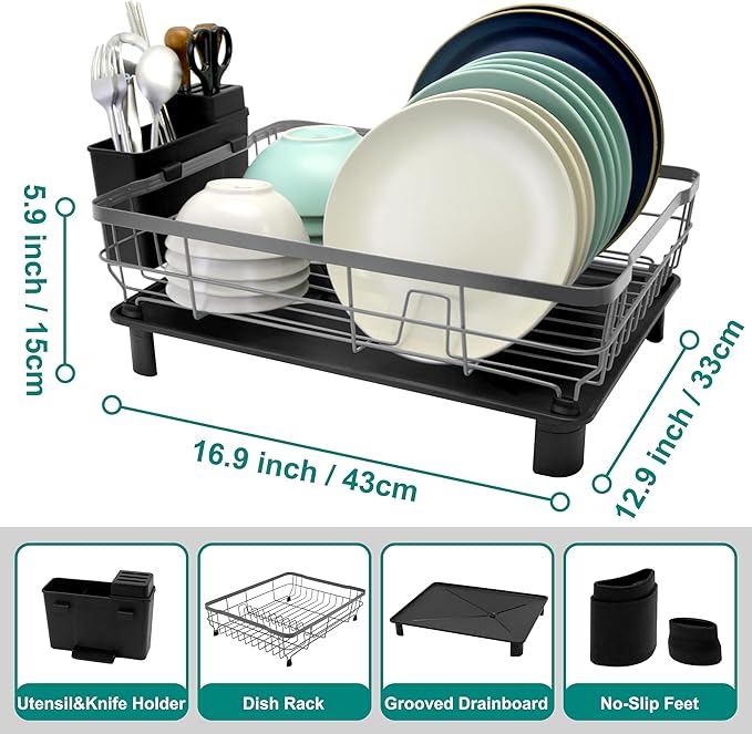 Goderewild Dish Drying Rack for Kitchen Counter,Space-Saving Dish Rack with Drainboard,Rustproof Countertop Dish Drainer with Utensil Holder for Sink,Gray