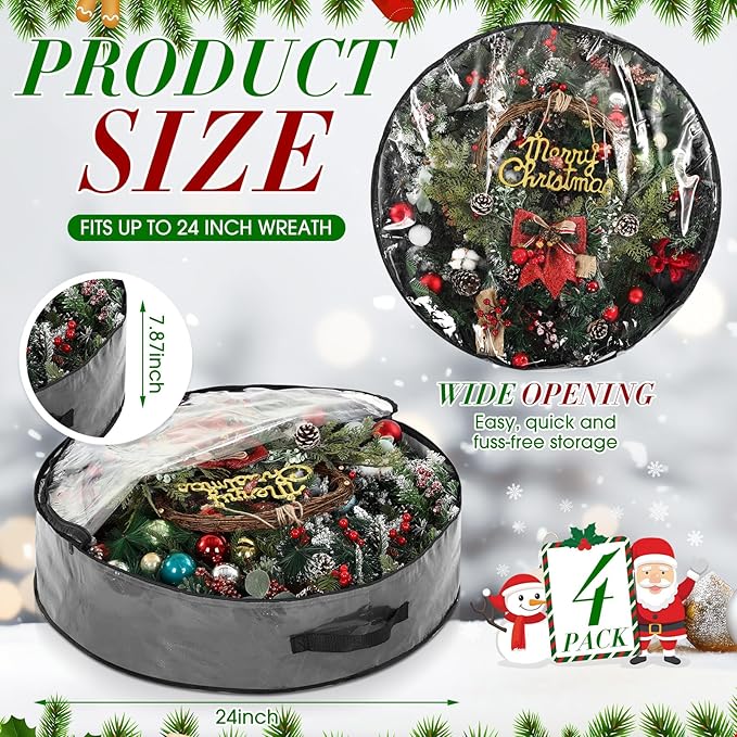 Aliceset 4 Pack Wreath Storage Containers, Christmas Ornament Garland Wreath Storage Bags with Handle Dual Zipper Large Decorative Storages Box for Winter Wreaths(24 x 24 x 7.8 Inch,Gray)