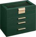 SONGMICS Jewelry Box Organizer with Glass Lid, 4-Layer Jewelry Storage, with 3 Drawers, Modern Style, 6 x 9.9 x 8.5 Inches, Forest Green and Gold Color UJBC161G01