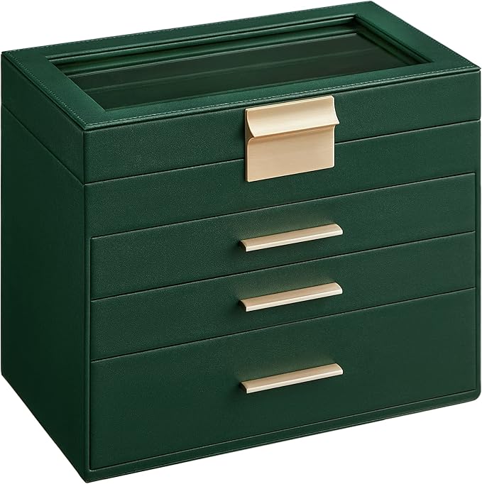 SONGMICS Jewelry Box Organizer with Glass Lid, 4-Layer Jewelry Storage, with 3 Drawers, Modern Style, 6 x 9.9 x 8.5 Inches, Forest Green and Gold Color UJBC161G01