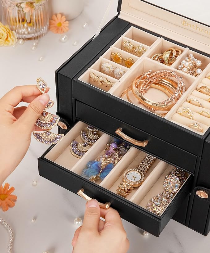 Jewelry Box with 3 Drawers: Display Organizer for Earrings Necklaces - Gifts for Girls Women (Black)