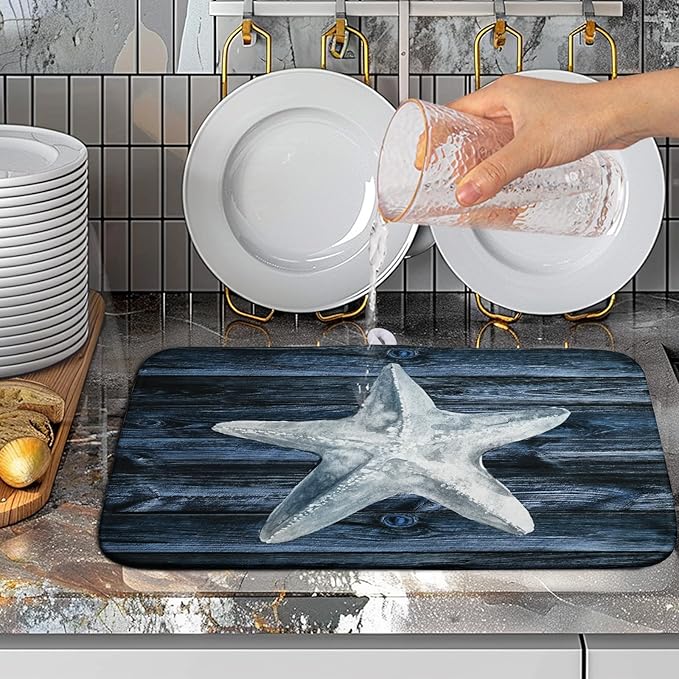 Wnoesat Coastal Starfish Dish Drying Mat Dark Blue Ocean Animal Print Drying Mats Microfiber Reversible Absorbent Dishes Pad Drainer Rack Mats for Kitchen Counter Sink 16x18 Inch