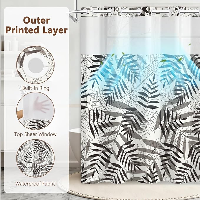 TQUQOBU No Hook Tropical Brown Beige Leaves Shower Curtain and Liner Set, Minimalist Boho Vintage Botanical Hotel Style Waterproof Fabric Shower Curtain with See Through Top Window, 71x74 Inch