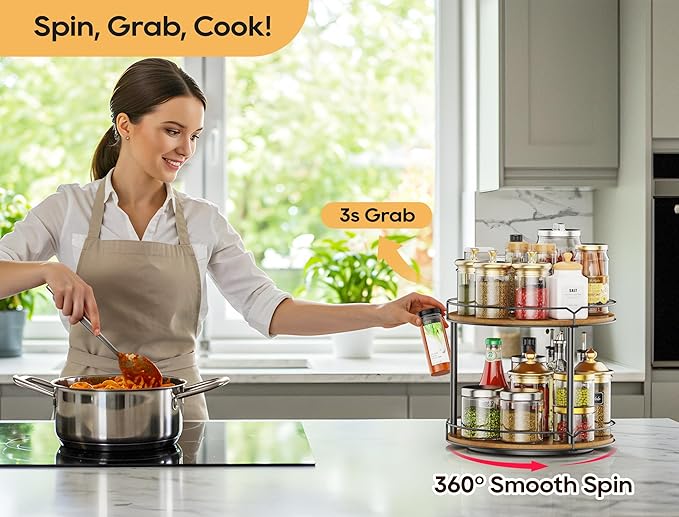 MUTUALUS 12.4" Lazy Susan Organizer 2 Tier - Rotating Spice Rack, Wooden Spinning Spice Holder for Inside Cabinet, Pantry, Kitchen, Countertop, Bathroom and Vanity, Versatile Storage