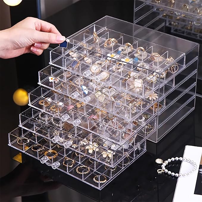 Clear Acrylic Jewelry Storage Box, Earring Jewelry Organizer with 5 Drawers, 5-Layer Jewelry Box for Women, Earrings Display Holder for Ring Bracelet Necklace, 120 Grid Compartment Storage Box