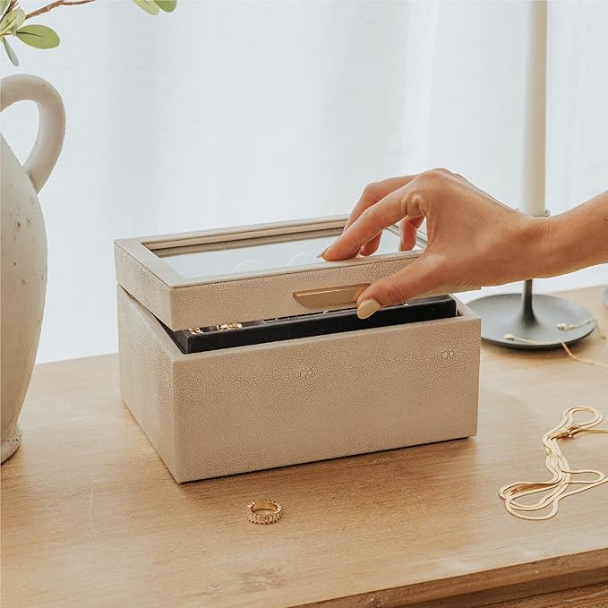 CASE ELEGANCE Petite 3 Tier Jewelry Box, Storage & Display Case for Bracelets Earrings Rings Necklaces, Accessory Organizer for Women Girls Wife, Shagreen Vegan Leather & Velvet Lined, Brass Hardware