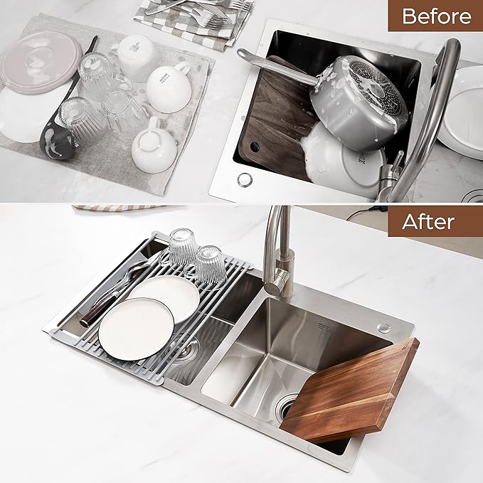 BELLE TERRE Multipurpose Roll-Up Dish Drying Rack - Silicone Wrapped, Heat-Resistant, Anti-Slip - Perfect for Small Kitchen Sink, 17" x 13"