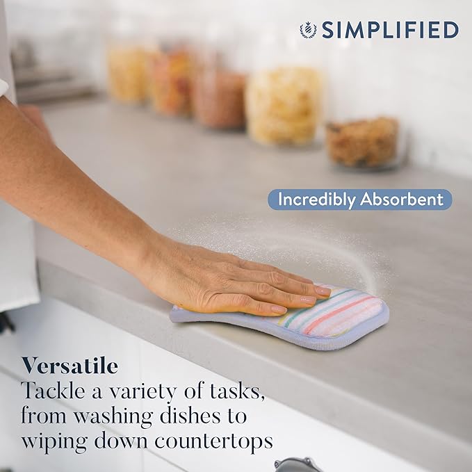 Simplified 5-Pack Scrub & Wipe 2-in-1 Dishwashing Sponges - Non-Abrasive Cleaning Sponges, Double-Sided - Safe for Dishes, Non-Stick Pans or Glassware, Absorbent Dish Sponges, Rainbow Stripe