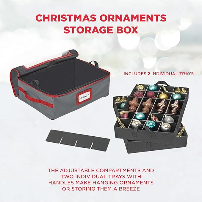 HOLDN’ STORAGE Christmas Ornament Storage Box with Dividers - Fits 48-3” Ornaments, 2 Removable Trays, Durable & Space-Saving, Clear Top Lid, Fits Underbed, Grey