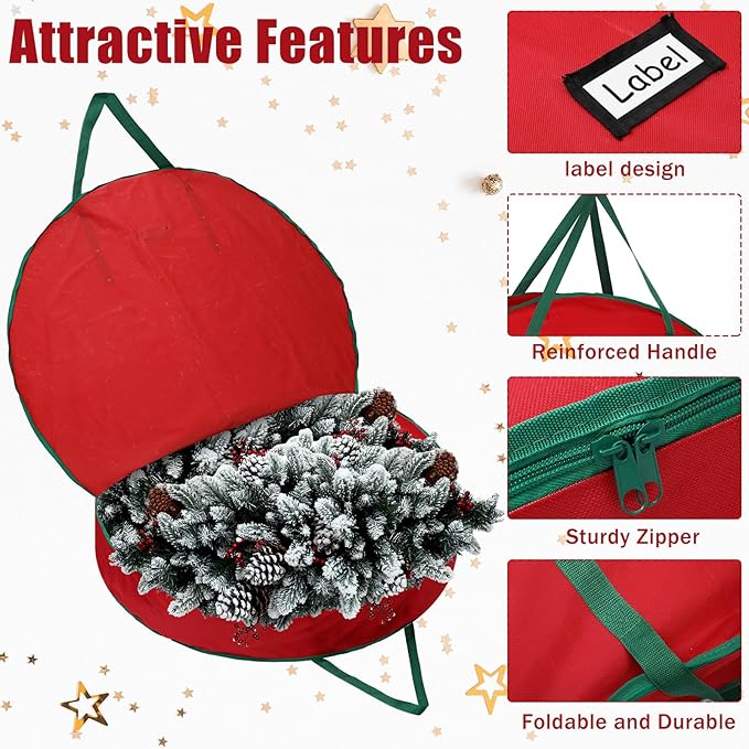 1 Pcs 60" Christmas Wreath Storage Bag Zippered Garland Holiday Container with Reinforced Handle Tear Resistant 600d Oxford Organizer Wreath Holder with Card (Red)