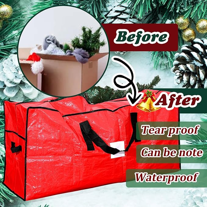 Amylove 4 Pcs Large Christmas Tree Storage Bags Heavy Duty Xmas Zippered Bags Bulk Waterproof Plastic Christmas Tree Container with Carry Handles(9 ft,Red)