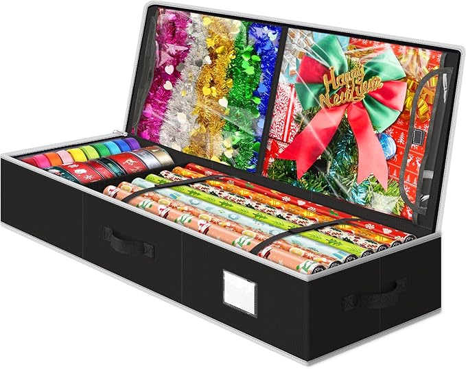 BlessedSeason Wrapping Paper Storage Organizer for 40 Inch Christmas Gifts Wrapping Paper, 2 Visible Supplies Pockets for Holiday Accessories, Christmas Decoration Storage Containers, Black