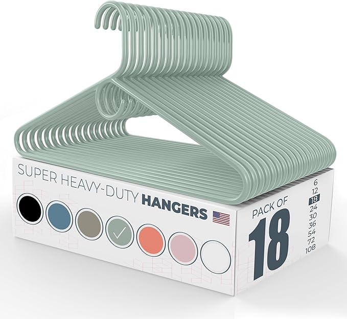 Neaties Super Heavy Duty Clothes Hangers 18 Pack – Made in The USA - 10lb Capacity, Thick Plastic Hangers for Pants, Coats, Jackets, Jeans and Adult Clothing – Mint