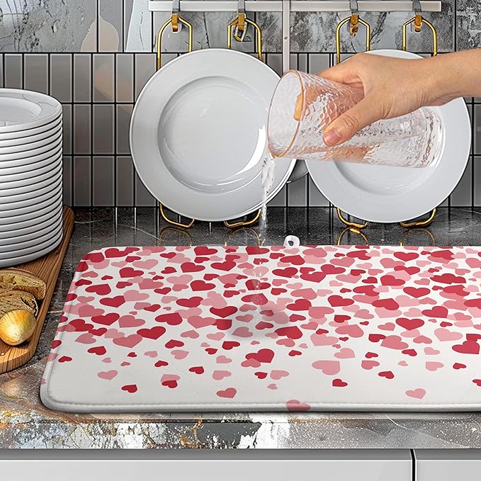 Wnoesat Valentines Dish Drying Mat Pink Red Love Hearts Valentine Drying Mats for Kitchen Counter Absorbent Microfiber Reversible Dish Draining Mat Extra Large Dishes Pad 18 X 24 Inch