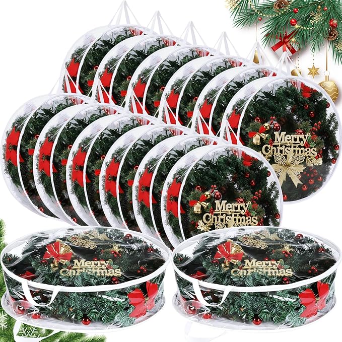 Shappy 14 Pieces Christmas Wreath Storage Container 30 Inch Wreath Plastic Storage Bags with Dual Zippers and Handles for Xmas Thanksgiving Holiday Artificial (Clear)