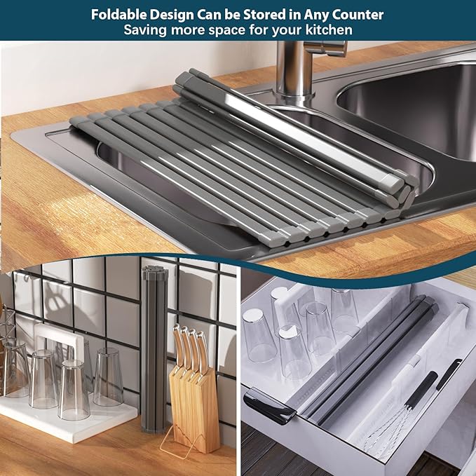 KABUM 17.72x11.81 Heavy-Duty Aluminum Alloy Roll Up Dish Drying Rack, Food-Safe Coating with Anti-Skid Silicone, Extra Wide & Thickened Sink Drying Rack for Kitchen Counter, Space-Saving Organizer